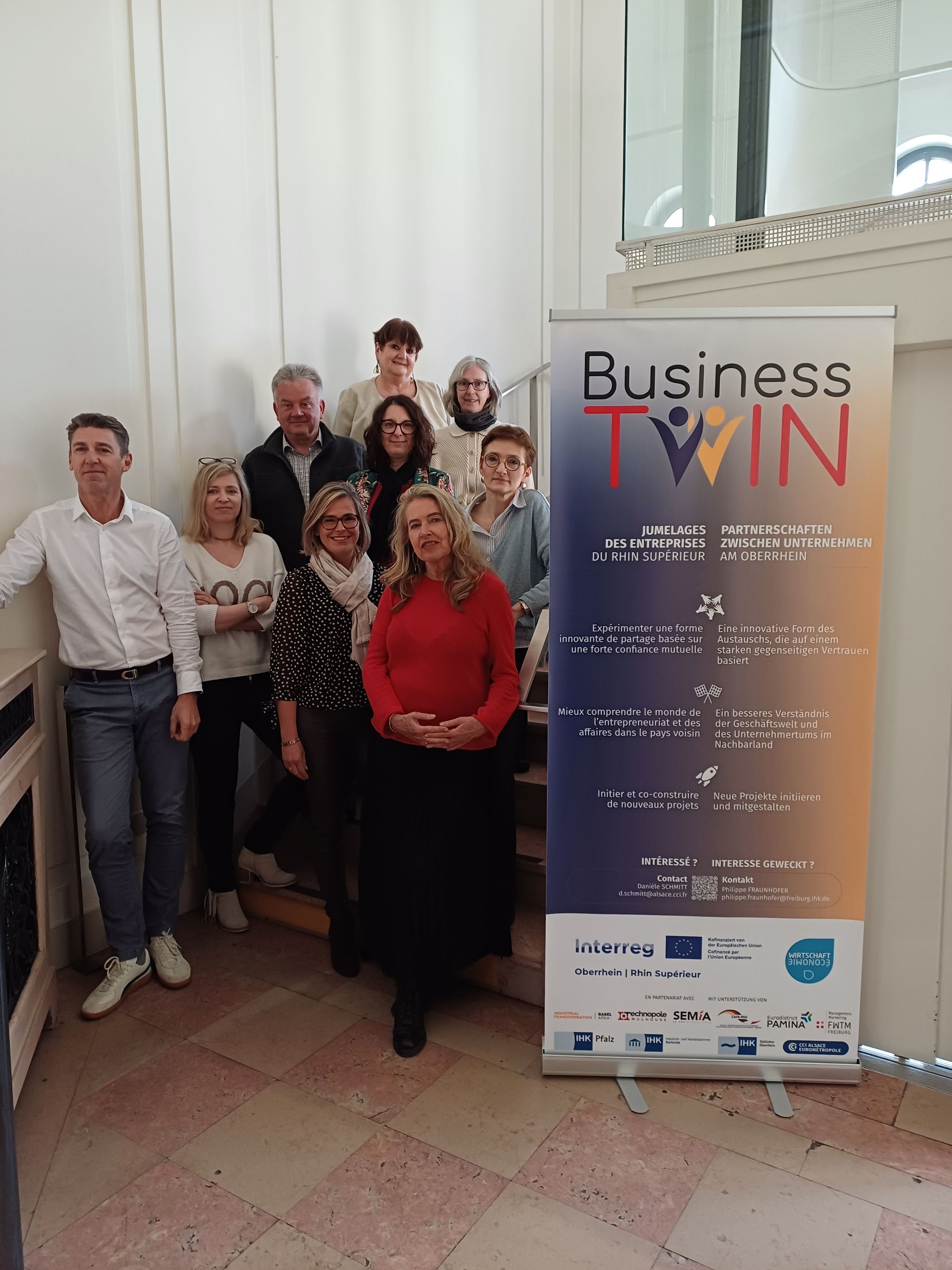 L'équipe engagée pour Business Twin : Basel Area Business & Innovation, CCI Alsace Eurométropole, Club d’Affaires Franco-Allemand du Rhin Supérieur – Oberrhein (CAFA RSO), Eurodistrict Pamina, FWTM, IHK Karlsruhe, IHK Pfalz, IHK Südlicher Oberrhein, MEF68, SEMIA.